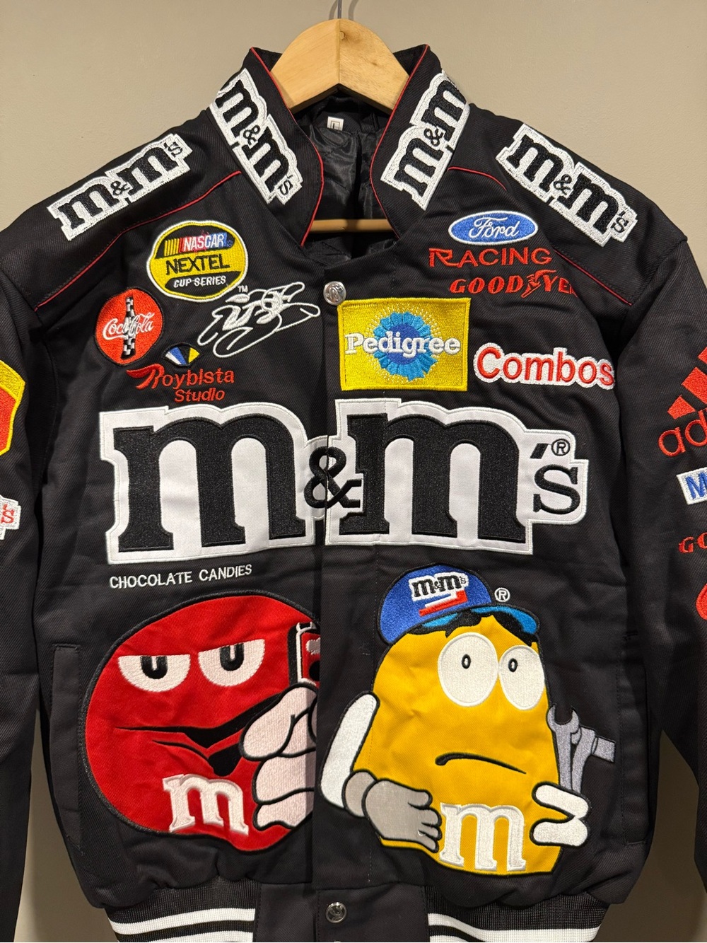 M&M'S inspired Black Bomber Nascar denim Jacket w Character Patches image 3